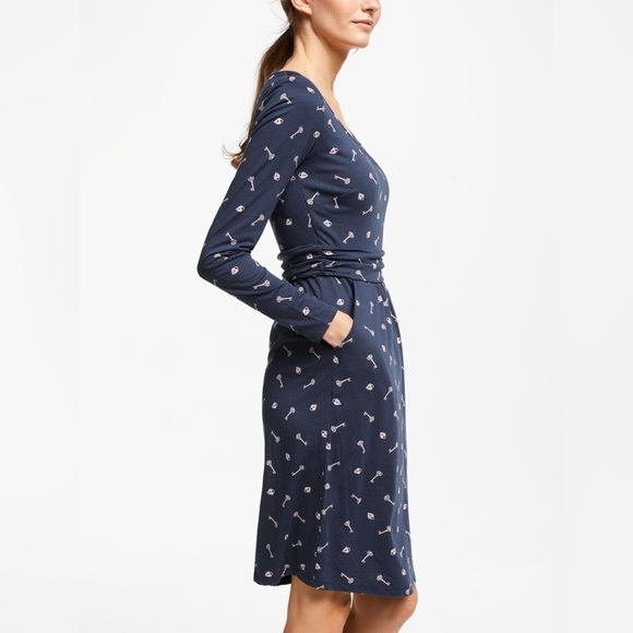 Boden Mabel Key & Lock Printed Ruched Waist Jersey Knee Length Navy Dress - Picture 1 of 8